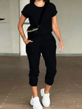 2pcs Women Solid Color Round Neck Short Sleeve Top And Drawstring Pocket Long Pants Casual Suit Lady T Fashions