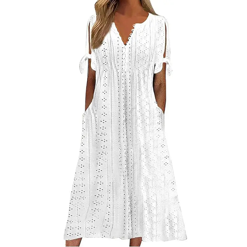Women's Eyelet V-Neck Maxi Dress Short Sleeve Flowy A-Line Summer Beach Dress Lady T Fashions