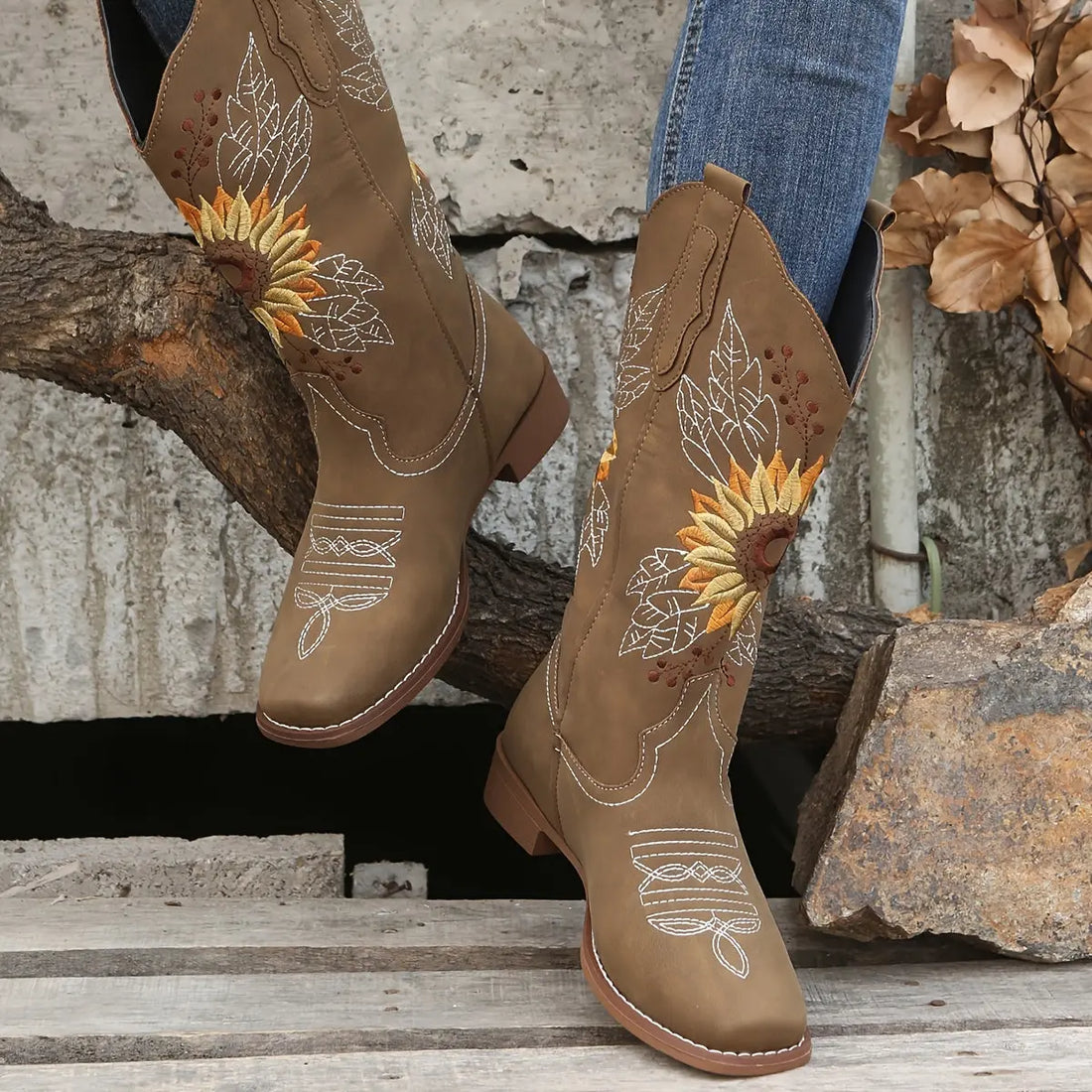 [Mid Calf Embroidered Western Boots] Women's Embroidered Mid Calf Western Boots, Faux Leather Fashion Boots, Women's Footwear Lady T Fashions