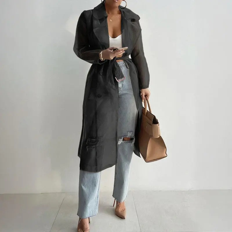 Women's Solid Color Half Sheer Long Sleeve Cardigan With Buttons & Belt - Lightweight Cover-Up For Summer Lady T Fashions