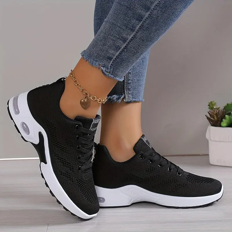 Plus Size Women's Comfortable Air Cushion Low Top Running Sneakers, Lace Up Knitted Outdoor Athletic Shoes Lady T Fashions