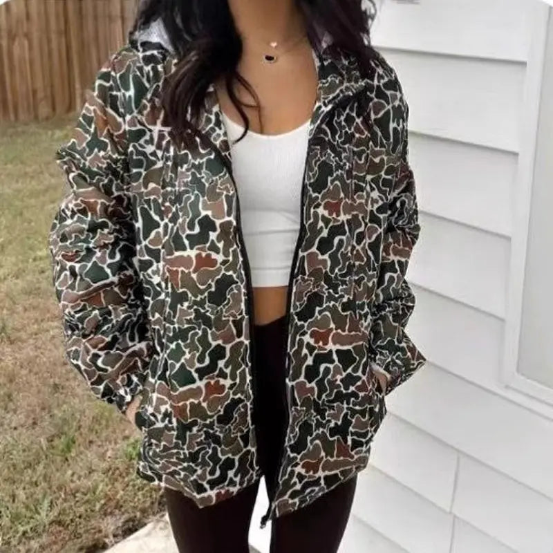 Women's Camouflage Print Long Sleeve Hooded Jacket With Zipper & Pockets - Streetwear Fashion Coat For Spring&Fall Lady T Fashions
