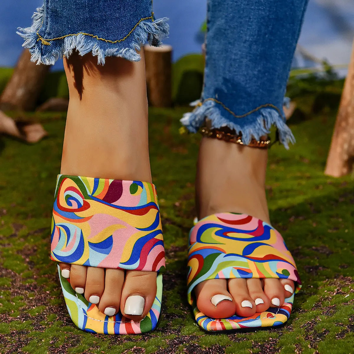 Graffiti Flat Slippers Outdoor Candy Color Square Toe Beach Sandals Lady T Fashions