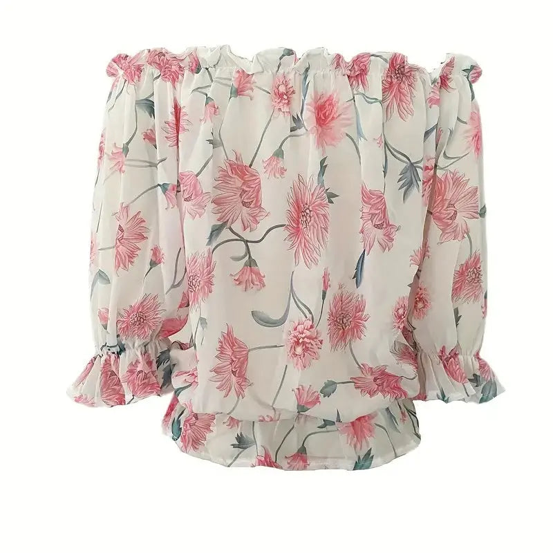 Womens Summer Off Shoulder Blouse Floral Print Ruffle Sleeve Casual Chiffon Tops Shirts Lady T Fashions