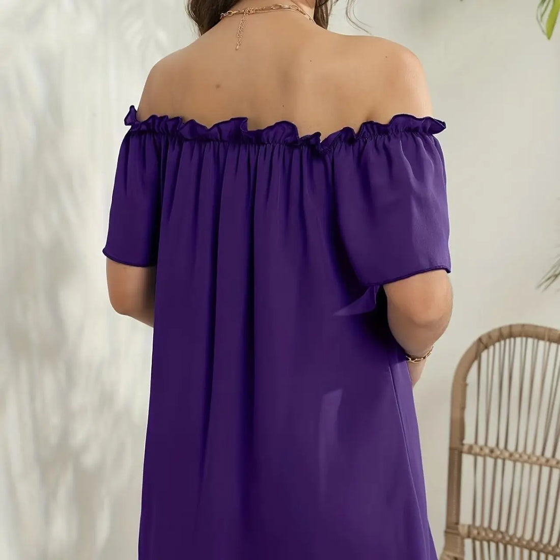 Ladies' Fashion Off Shoulder Ruffle Solid Color Decorative One Shoulder Casual Dress Lady T Fashions