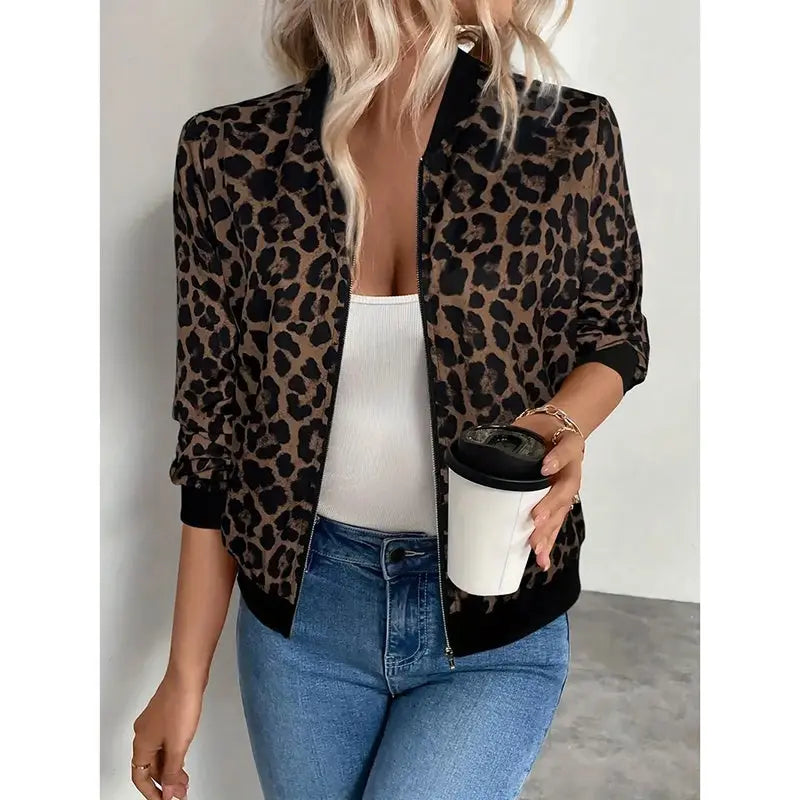 Women's Leopard Print Zip Up Lightweight Bomber Jacket Casual Long Sleeve Outerwear Lady T Fashions