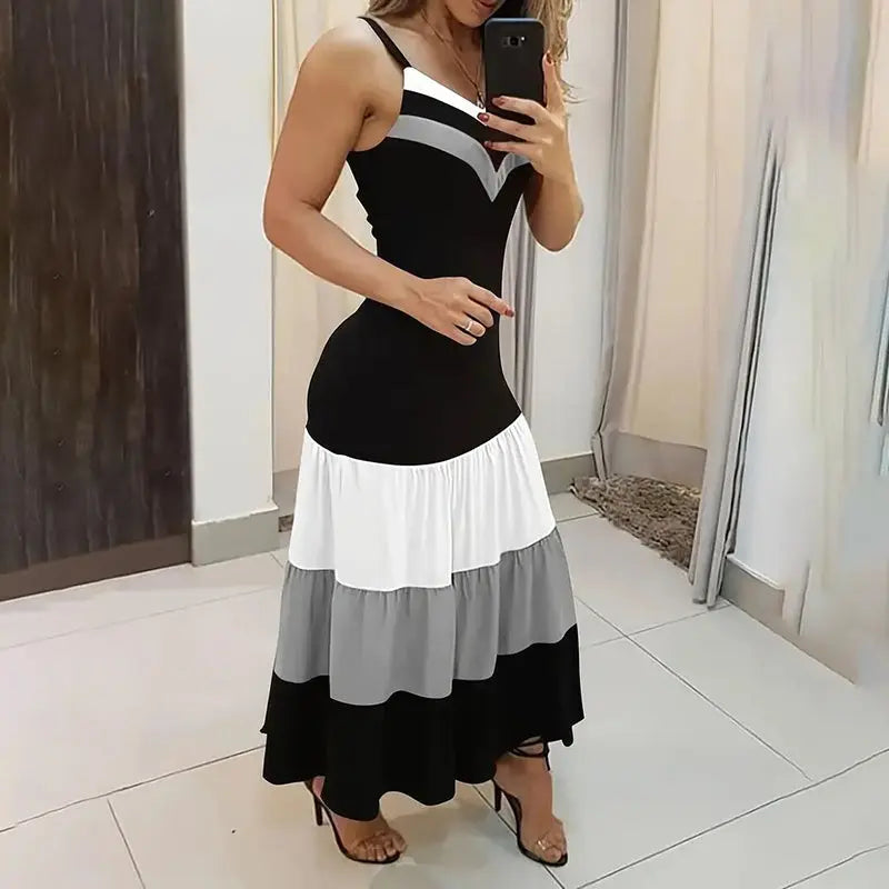 Women's Summer Casual Sleeveless V Neck Color Block Spaghetti Strap Maxi Long Dress Lady T Fashions
