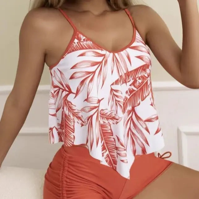 Ladies' Asymmetrical Plant Printed Camisole Top With Drawstring Details, Sexy Hip Hugging Shorts, Vacation Style Two-piece Set Lady T Fashions