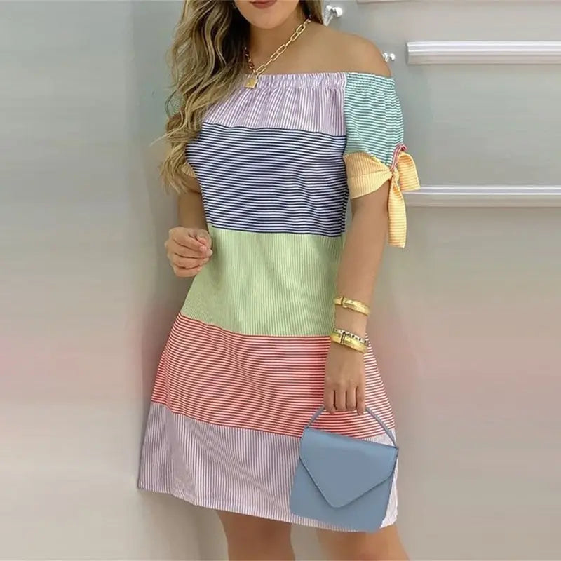 Womens Fashionable Off-Shoulder Slim Dress With Elegant Knot Detail Sexy Spring & Summer Evening Dress Lady T Fashions
