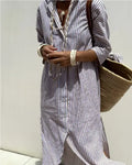 Striped Shirt Dress With Belt Fashion Half-sleeved Lapel Button Cardigan Dresses Women's Clothing Lady T Fashions