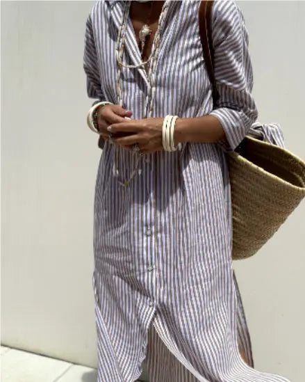 Striped Shirt Dress With Belt Fashion Half-sleeved Lapel Button Cardigan Dresses Women's Clothing Lady T Fashions