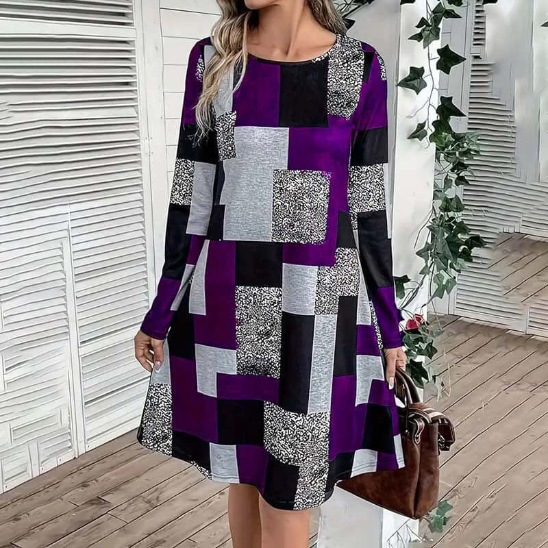 Women's Round Neck Long Sleeve Dress - Digital Print Casual Elegant Spring & Fall Dress Lady T Fashions