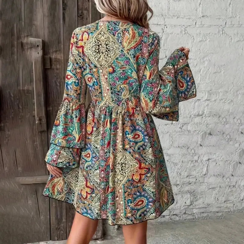 Elegant V-Neck Floral Print Dress - Layered Bell Sleeves, A-Line Waisted Party Dress For Women, Spring Summer Holiday Outfit Lady T Fashions