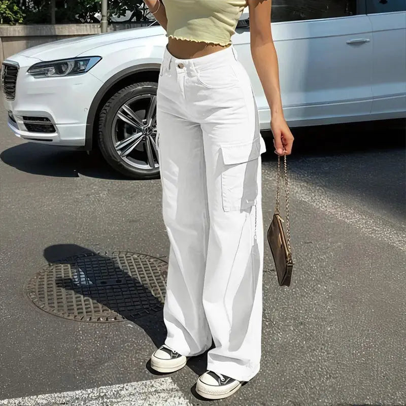 Women's Solid Color Wide Leg Pants With 4 Pockets - Button & Zip Front Casual Trousers For Spring&Fall Lady T Fashions