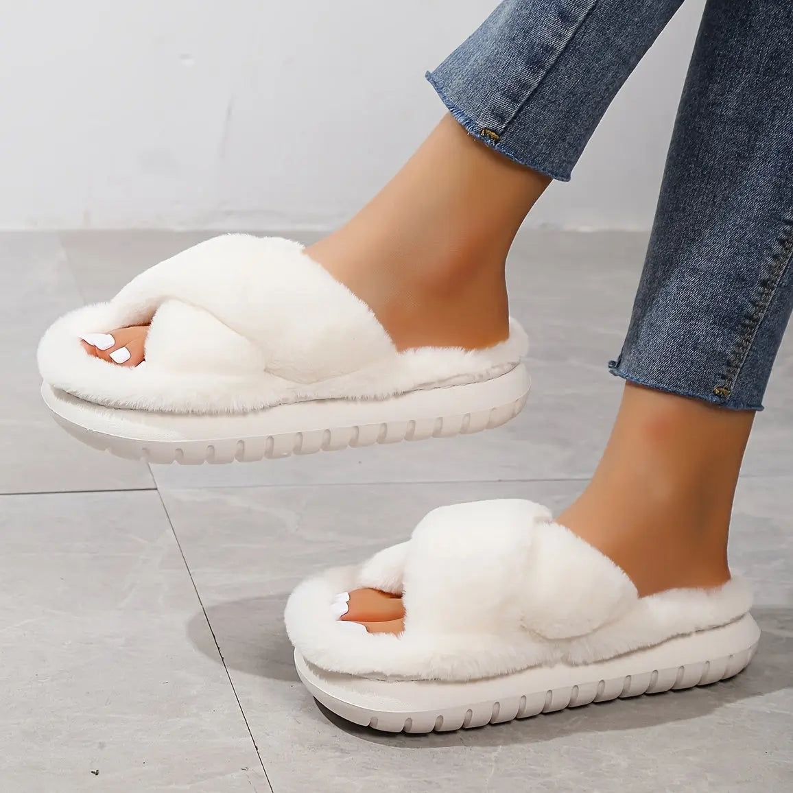 Women's Platform Fuzzy House Slippers, Open Toe Criss Cross Solid Color Casual Home Slides, Women's Indoor Flat Comfy Shoes Lady T Fashions