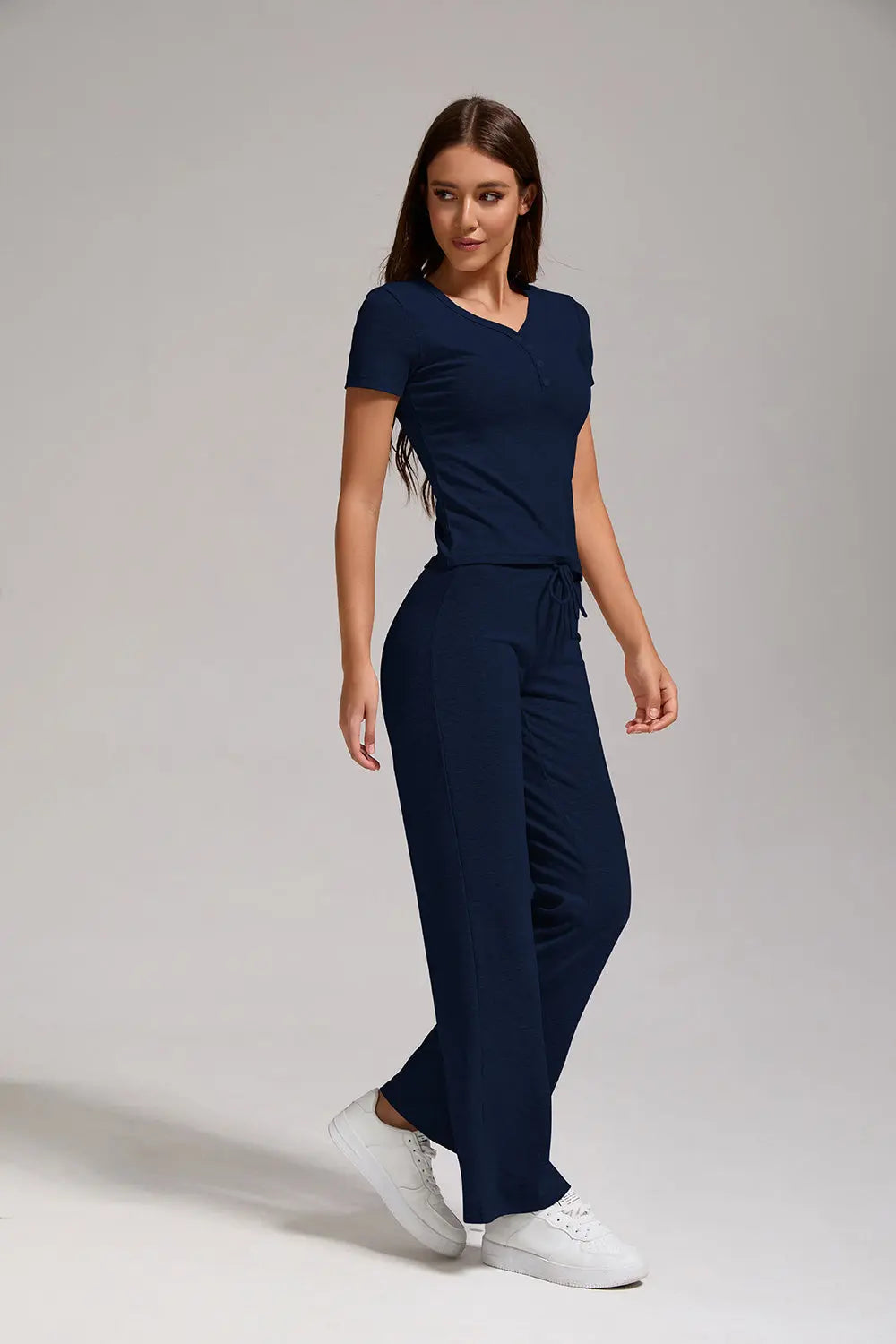 Women's Casual Sports Two-piece Set With V-neck Button, Short Sleeved, Low Waisted Flared Pants, Sportswear Lady T Fashions