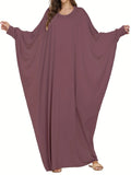Elegant Long-Sleeve Batwing Tunic Dress for Plus Size Women - Loose Fit, Polyester, Solid Brown, All-Season Wear, Pullover Style, Comfortable Sandals, Plus Size Clothing | Elegant Tunic Dress | Polyester Fabric Lady T Fashions