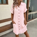 Women's Dress Summer Casual Collar Button Down Short Sleeve Tunic Shirt Dress With Pockets Lady T Fashions