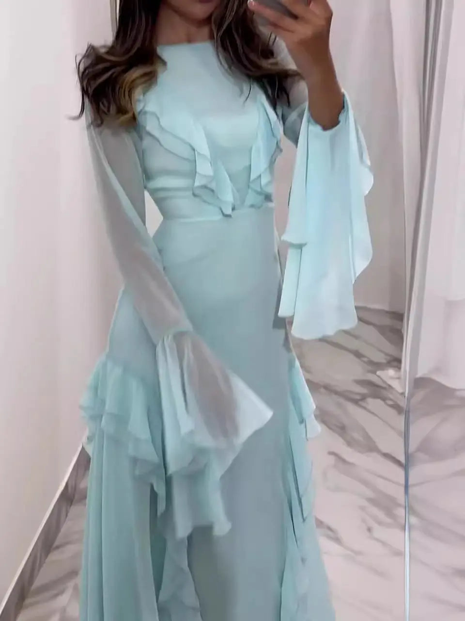 Round Neck Ruffled Long Sleeve Maxi Dress Lady T Fashions
