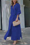 Women's Elegant Tied Solid Color Waisted Long-sleeved Shirt Dress Lady T Fashions