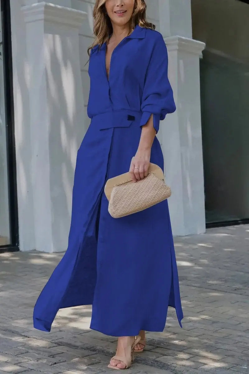 Women's Elegant Tied Solid Color Waisted Long-sleeved Shirt Dress Lady T Fashions