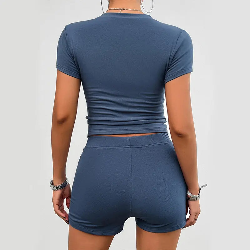 Solid Color Slim Sports Suit Summer 2Pcs Short-sleeved Round Neck T-shirt And Elastic Shorts Fashion Womens Clothing Lady T Fashions