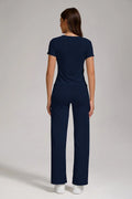 Women's Casual Sports Two-piece Set With V-neck Button, Short Sleeved, Low Waisted Flared Pants, Sportswear Lady T Fashions