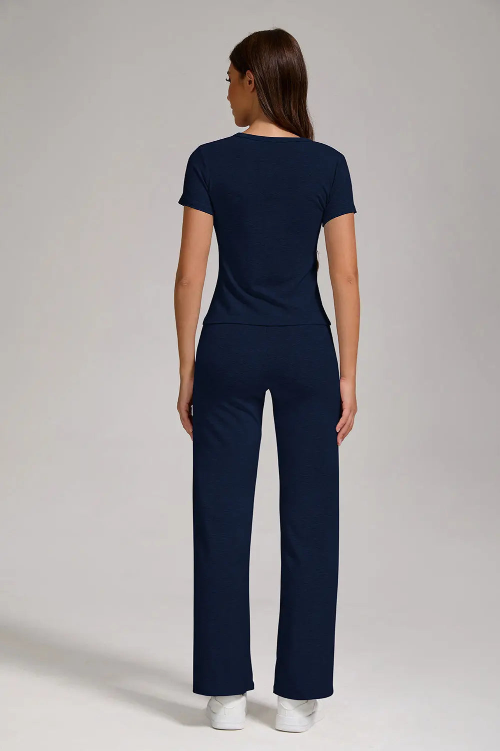 Women's Casual Sports Two-piece Set With V-neck Button, Short Sleeved, Low Waisted Flared Pants, Sportswear Lady T Fashions