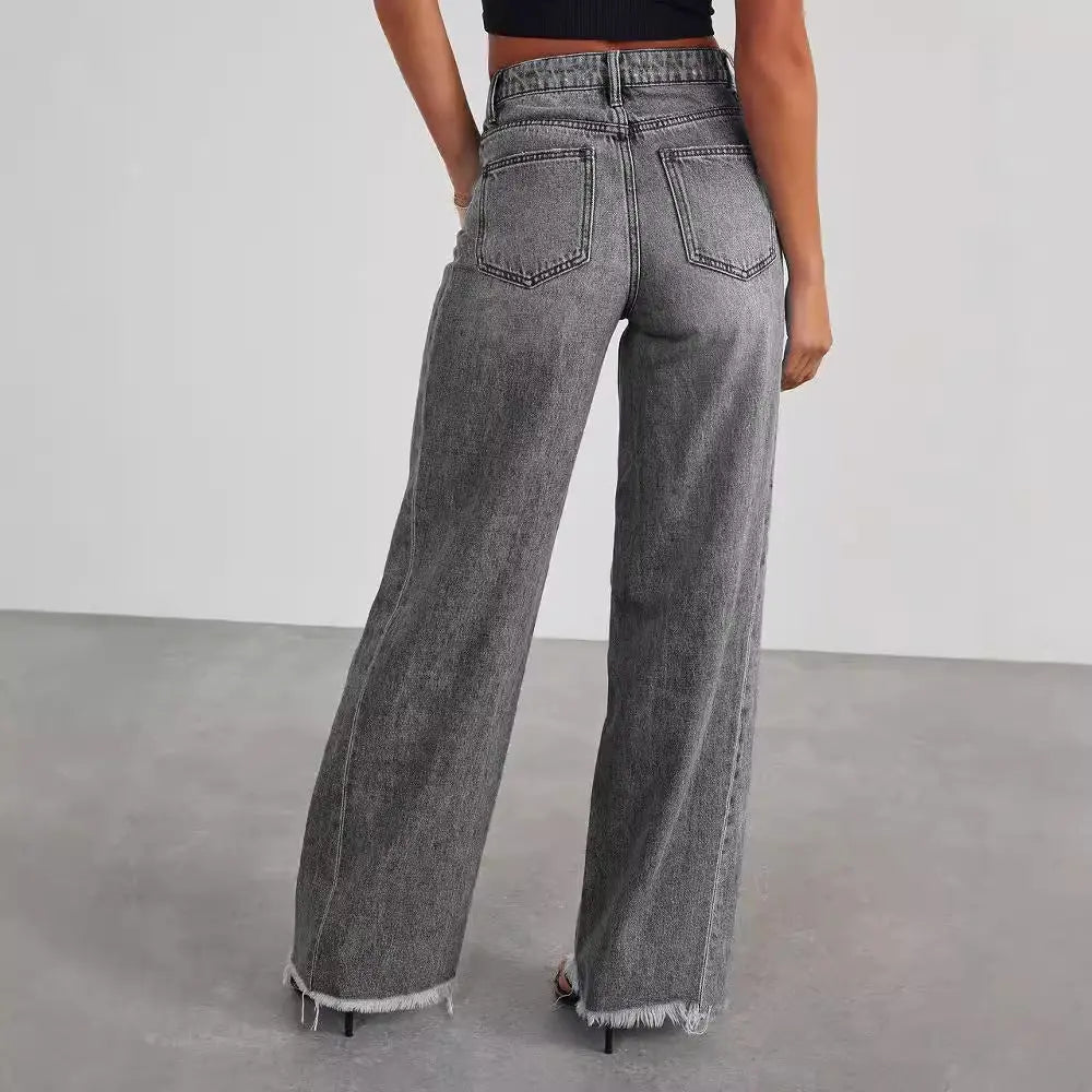Fashion High Waist Jeans With Pockets Comfortable Slim Fit Straight Wide-leg Pants Womens Clothing Lady T Fashions