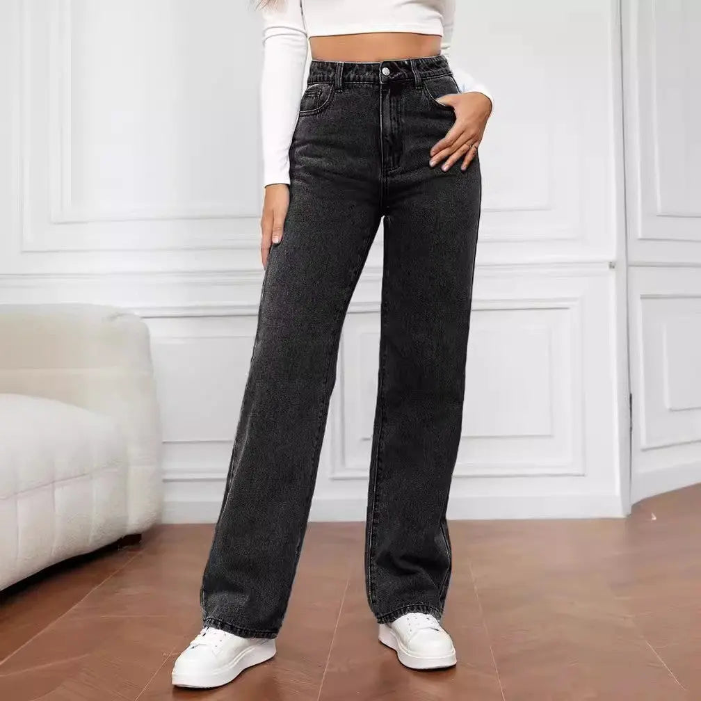 Washed Fashion Straight Jeans Women's Mid Waist Lady T Fashions