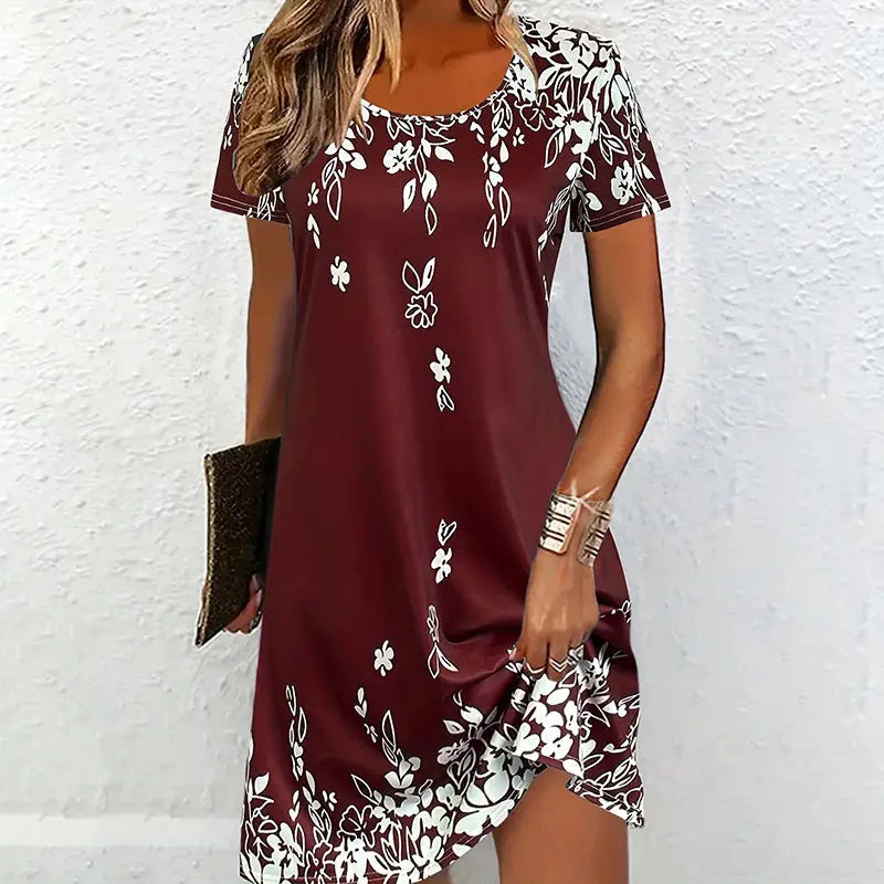 Women's Summer Boho Dress Vintage Floral Print Short Sleeve T-Shirt Sundress Beach Casual Dress Lady T Fashions