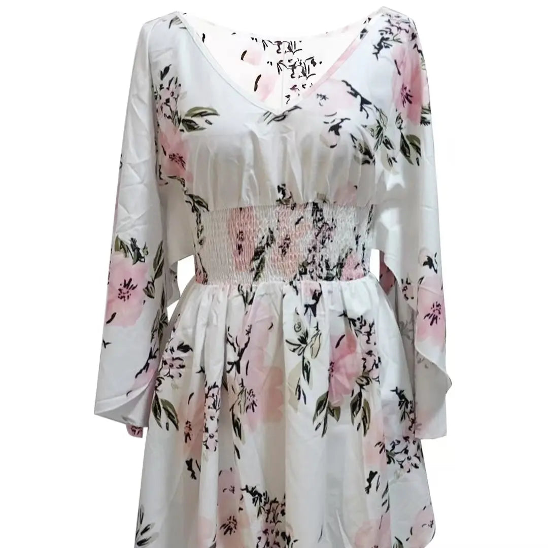 Ladies' Floral Print Waist With Ruffled Edges, Big V-neck, Sexy Asymmetrical Hem, Elegant Seaside Vacation Style Short Dress Lady T Fashions