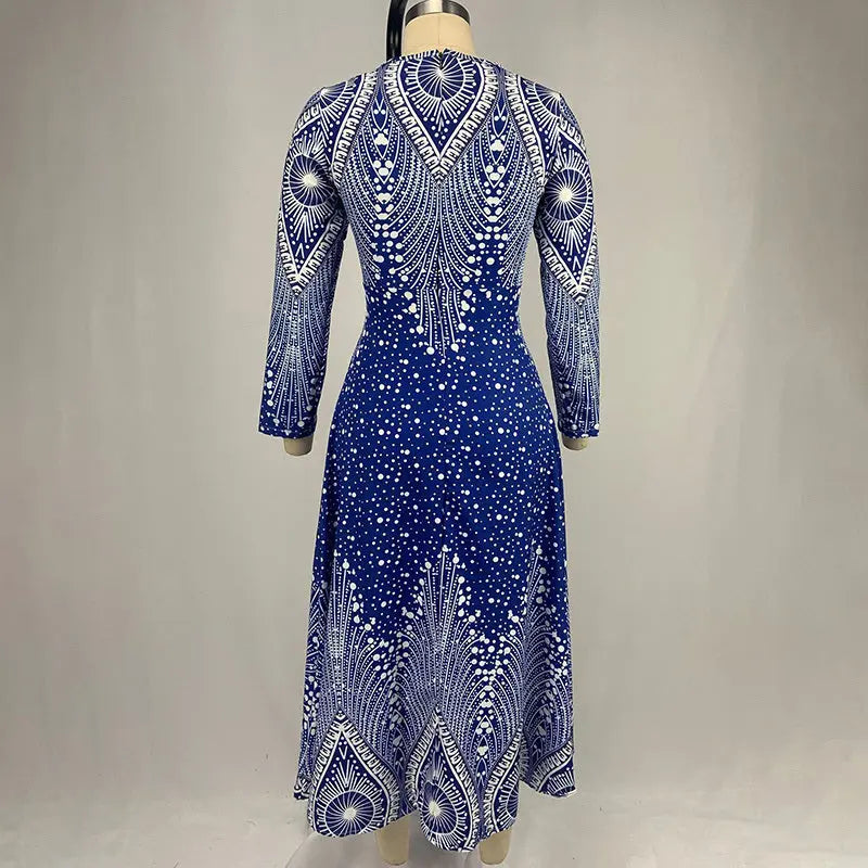 Women's Plus Size Elegant V-Neck Long Sleeve A-Line Dress With Starry Sky Print, Slim-Fit Flowy Maxi Dress For Holiday & Party Wear Lady T Fashions