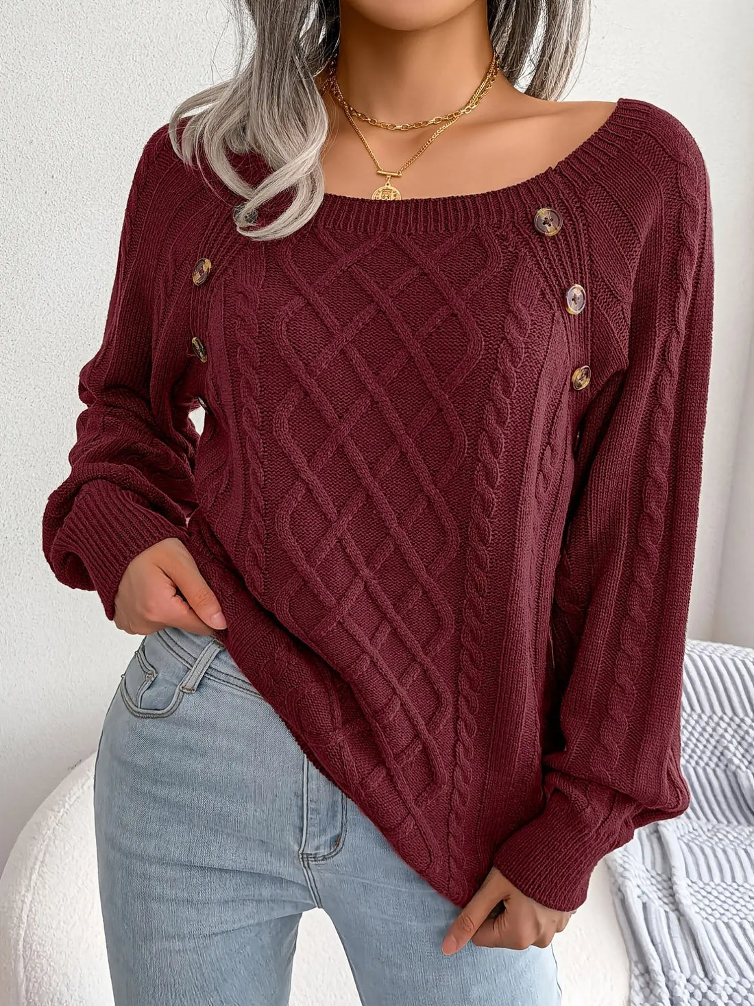 Texture Button Lantern Sleeve Sweater - Women's Round Neck Sweater Lady T Fashions