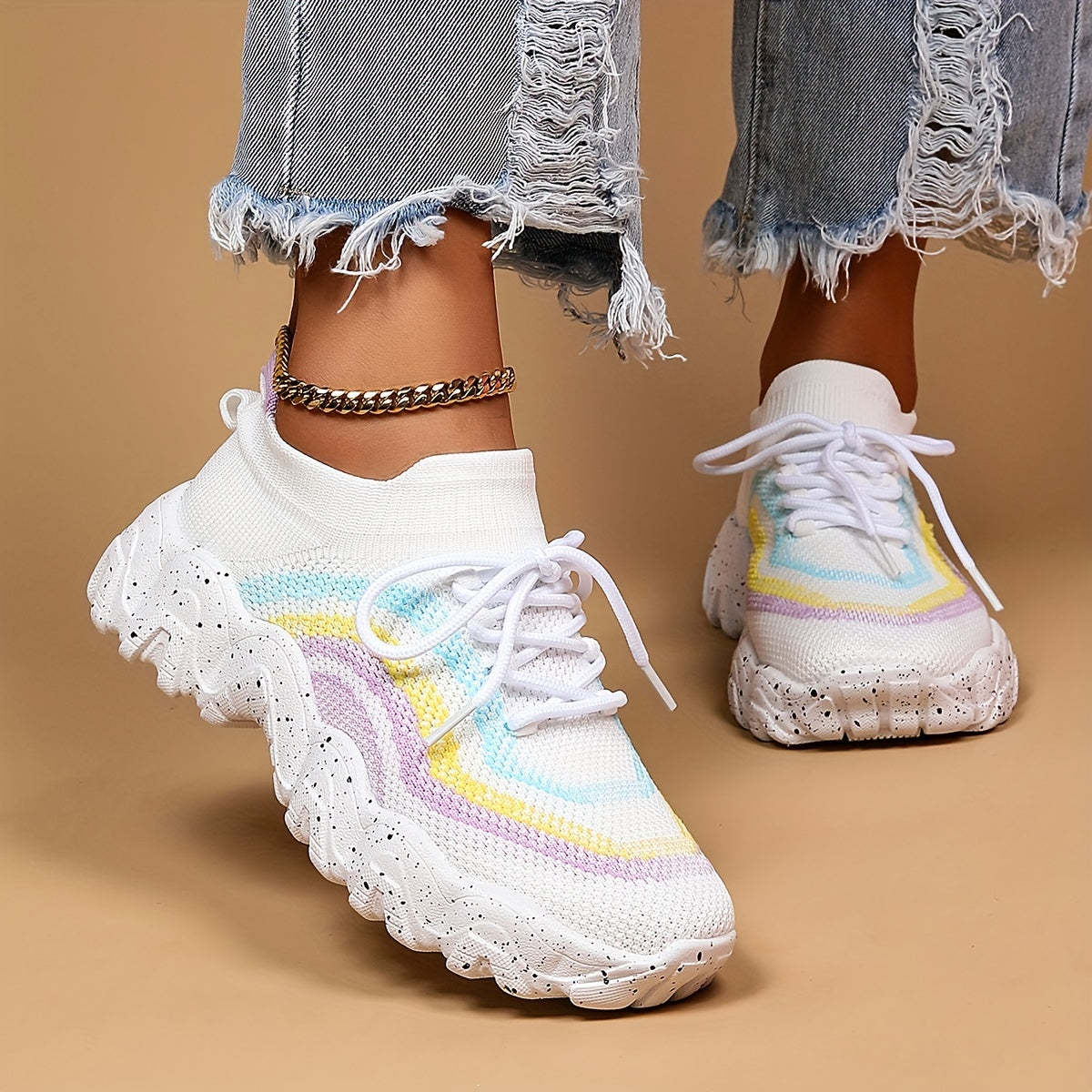 Women's Flying Woven Walking Shoes, Fashion Lace Up Outdoor Casual Sneakers, Breathable Weaving Sneakers Lady T Fashions
