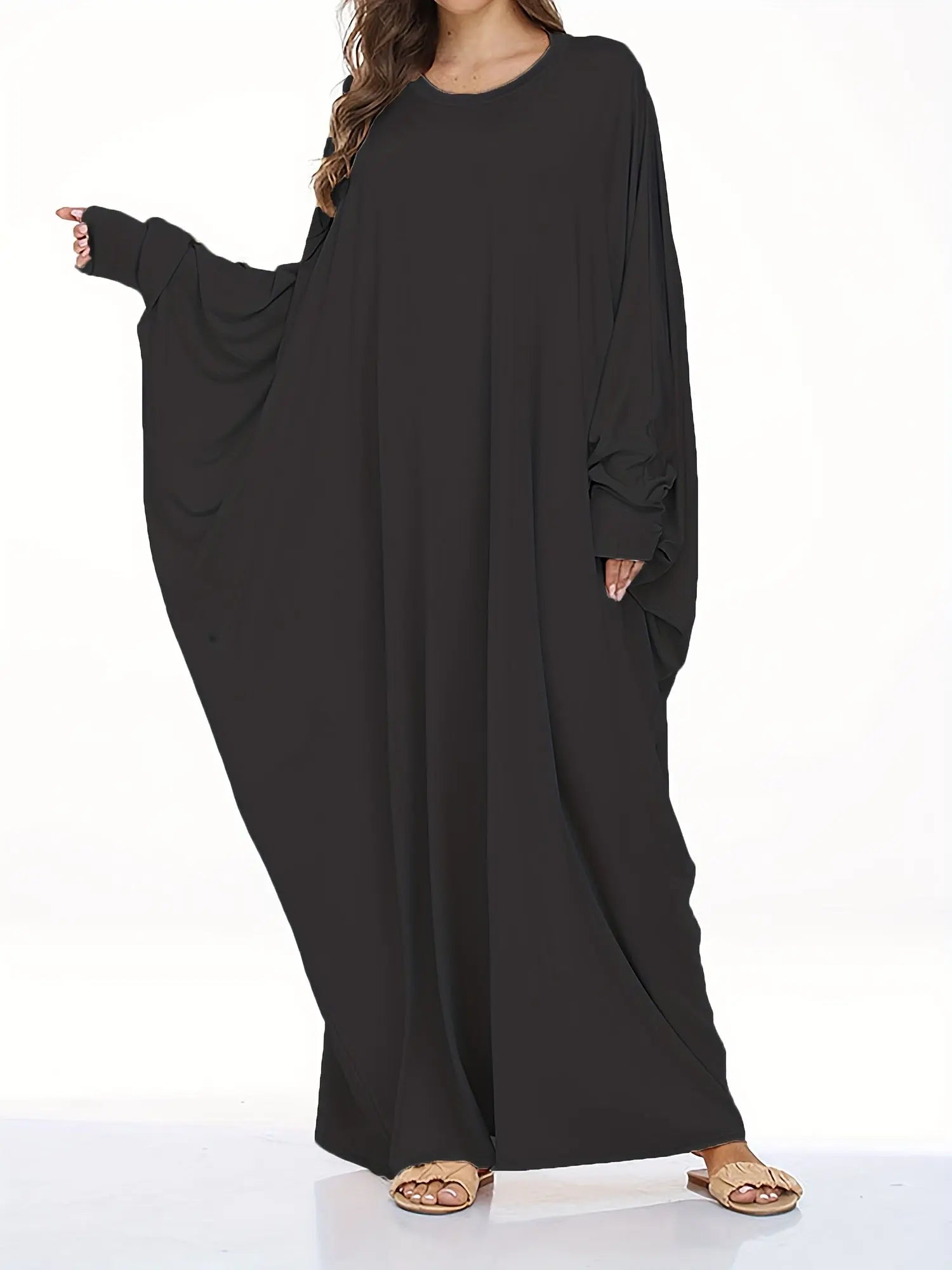 Elegant Long-Sleeve Batwing Tunic Dress for Plus Size Women - Loose Fit, Polyester, Solid Brown, All-Season Wear, Pullover Style, Comfortable Sandals, Plus Size Clothing | Elegant Tunic Dress | Polyester Fabric Lady T Fashions