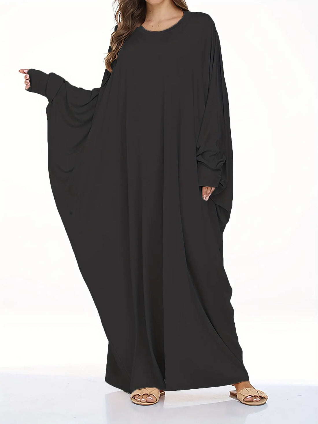 Elegant Long-Sleeve Batwing Tunic Dress for Plus Size Women - Loose Fit, Polyester, Solid Brown, All-Season Wear, Pullover Style, Comfortable Sandals, Plus Size Clothing | Elegant Tunic Dress | Polyester Fabric Lady T Fashions
