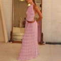 2pcs Women's Dress Suit Sexy Sleeveless Backless Cropped Halter Top And Pleated Long Skirt Beach Clothing Lady T Fashions