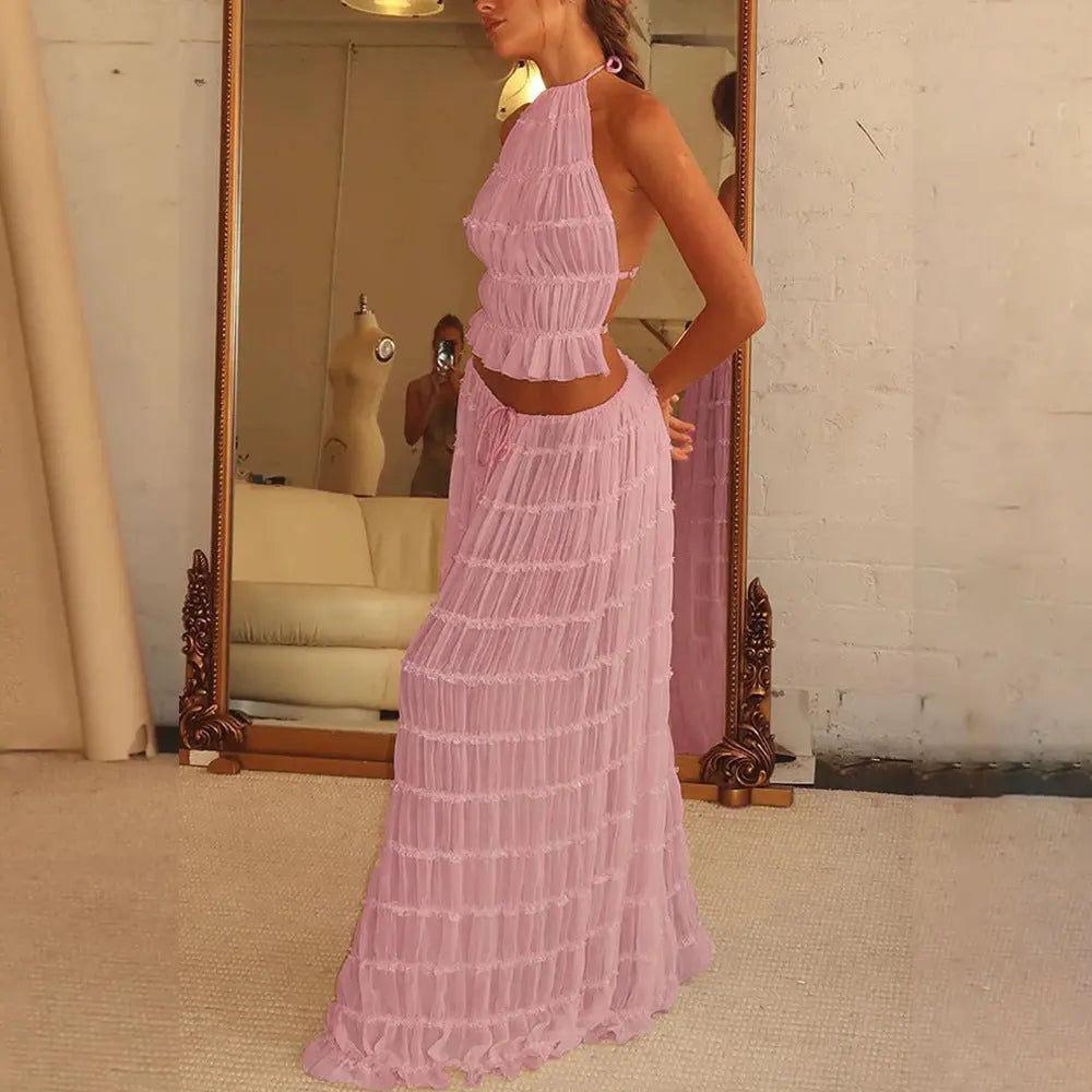 2pcs Women's Dress Suit Sexy Sleeveless Backless Cropped Halter Top And Pleated Long Skirt Beach Clothing Lady T Fashions