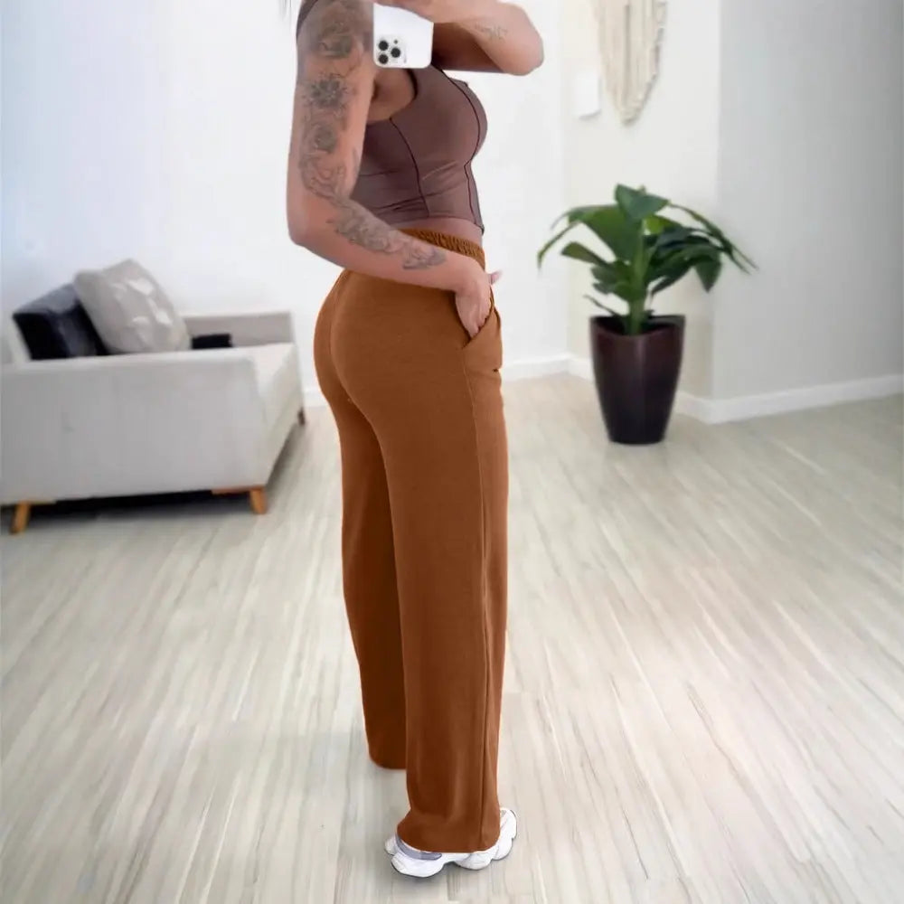 Solid Color High Waist Lace-up Elastic Waist Trimming Casual Trousers Lady T Fashions