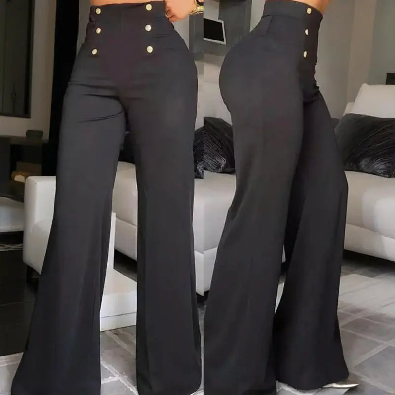 Women's Elegant High-Waisted Wide Leg Pants With Double-Breasted Buttons - Flared Trousers For Casual & Formal Wear Lady T Fashions