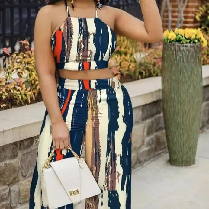 Ladies' Summer Fashion Cross Backless Square Neck Sleeveless Short Top And Daily Wide Leg Pants Set Lady T Fashions