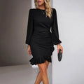 Women's Solid Color Bohemian Puff Sleeve Dress - Slim Fit Round Neck Long Sleeve Dress For Casual & Semi-Formal Occasions Lady T Fashions
