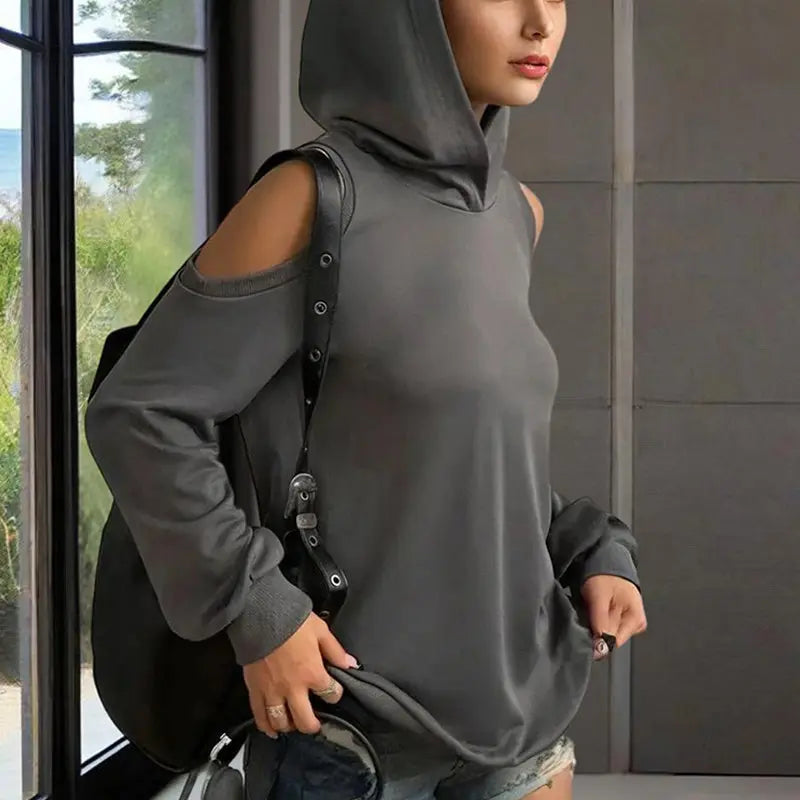 Women's Solid Color Long Sleeve Off-Shoulder Hoodie - Spring & Summer Fashion Casual Pullover Top Lady T Fashions