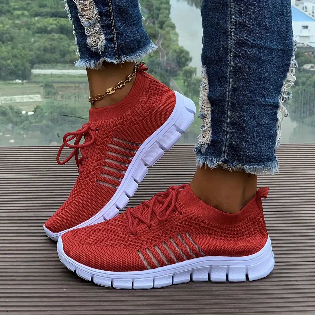 Women's Mesh Breathable Running Shoes, Solid Color Lace Up Front Summer Walking Shoes, Flying Woven Casual Sneakers Lady T Fashions