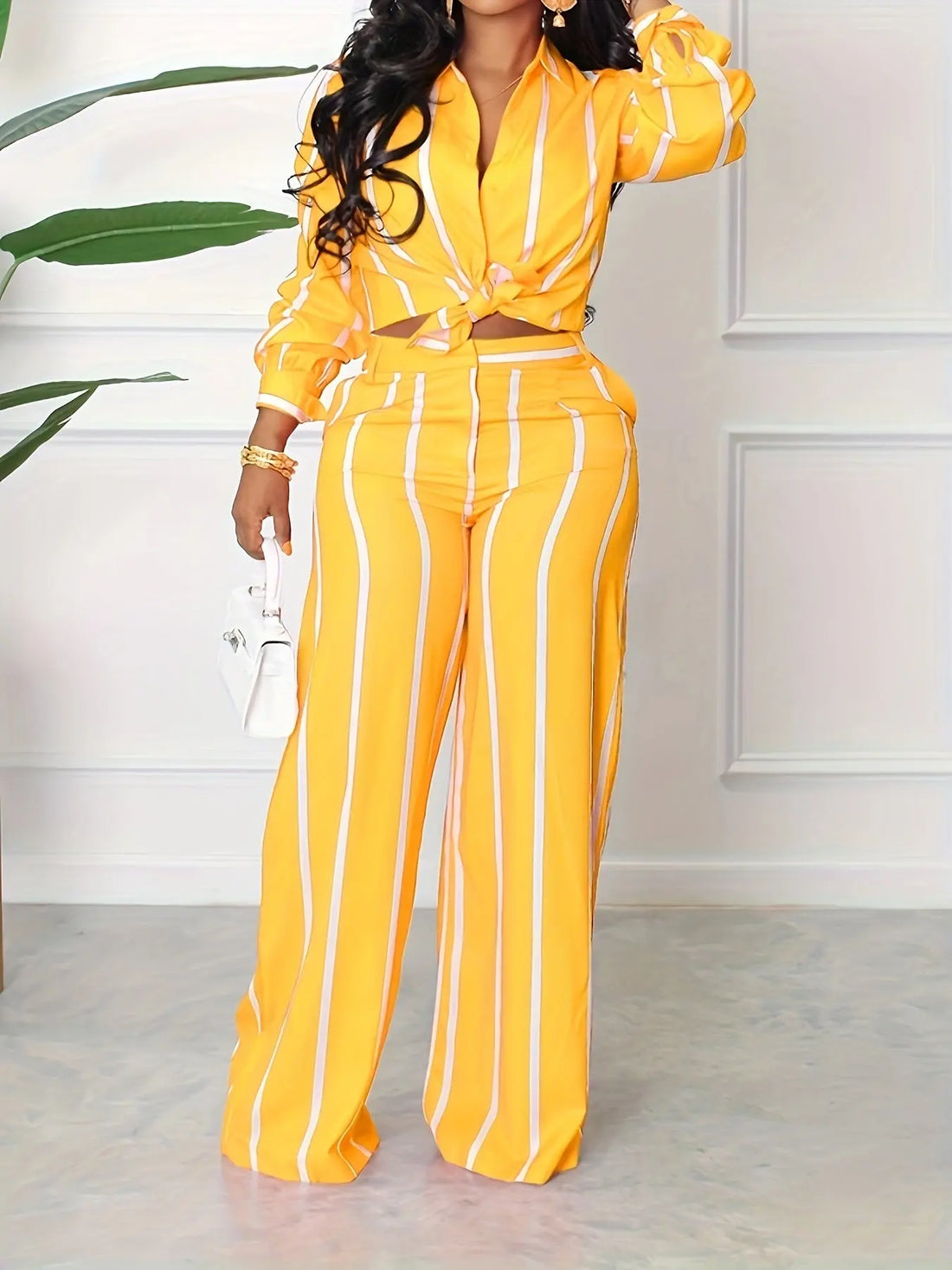 [Two-piece Set Long Sleeve Shirt] Striped Print Two-piece Set, Button Front Collar Long Sleeve Shirt & High Waist Wide Leg Loose Pants Set, Women's Clothing Lady T Fashions