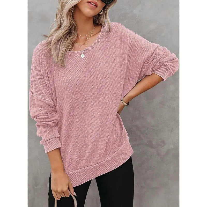 Womens Waffle Knit Crewneck Sweatshirts Long Sleeve Side Slits Casual Pullover Sweatshirt Tops Lady T Fashions