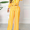 [Two-piece Set Long Sleeve Shirt] Striped Print Two-piece Set, Button Front Collar Long Sleeve Shirt & High Waist Wide Leg Loose Pants Set, Women's Clothing Lady T Fashions