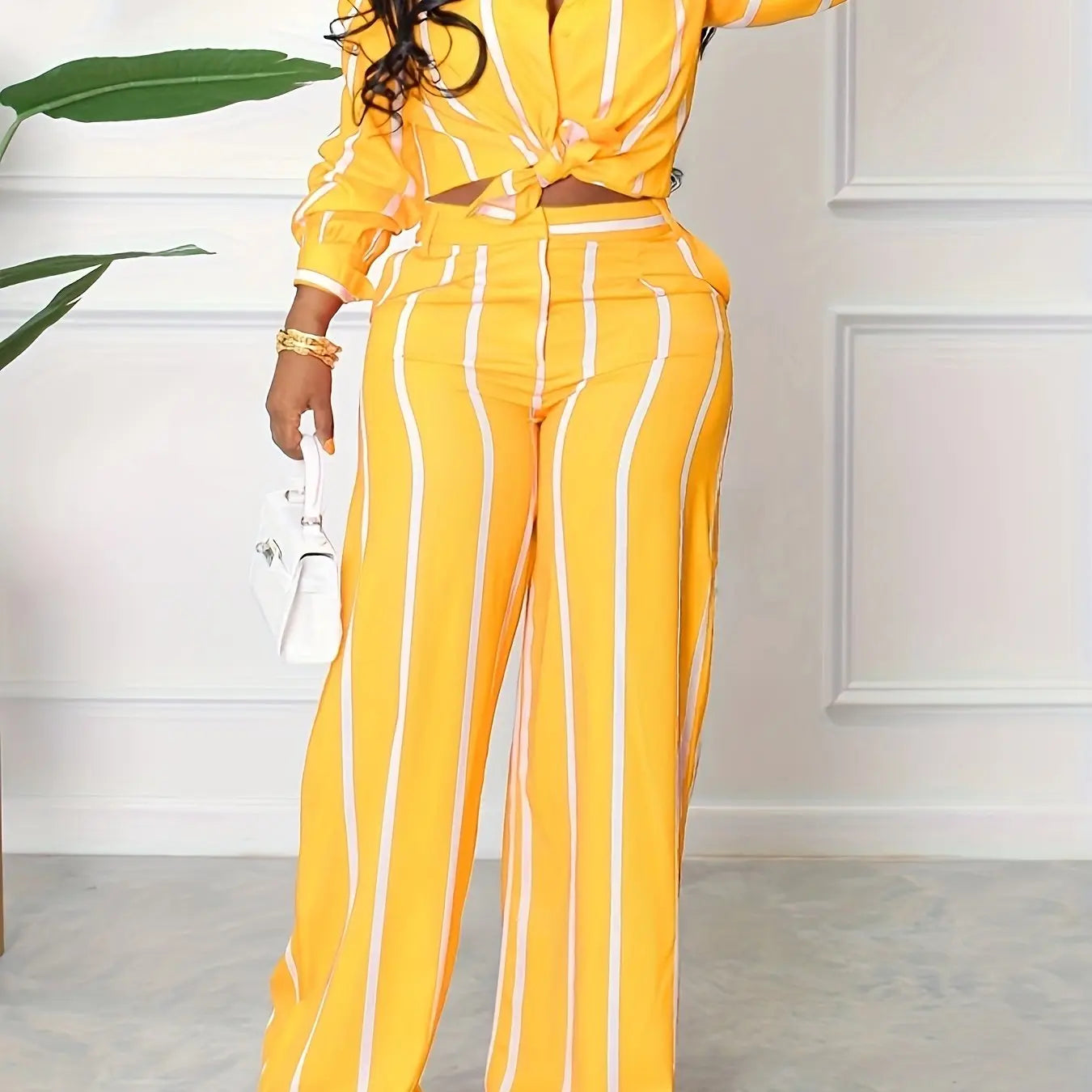 [Two-piece Set Long Sleeve Shirt] Striped Print Two-piece Set, Button Front Collar Long Sleeve Shirt & High Waist Wide Leg Loose Pants Set, Women's Clothing Lady T Fashions