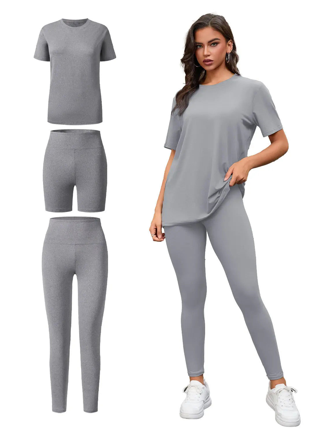 Three Piece Set, Round Neck Short Sleeved Top And Shorts And Pants Set, Sports And Casual Clothing Lady T Fashions